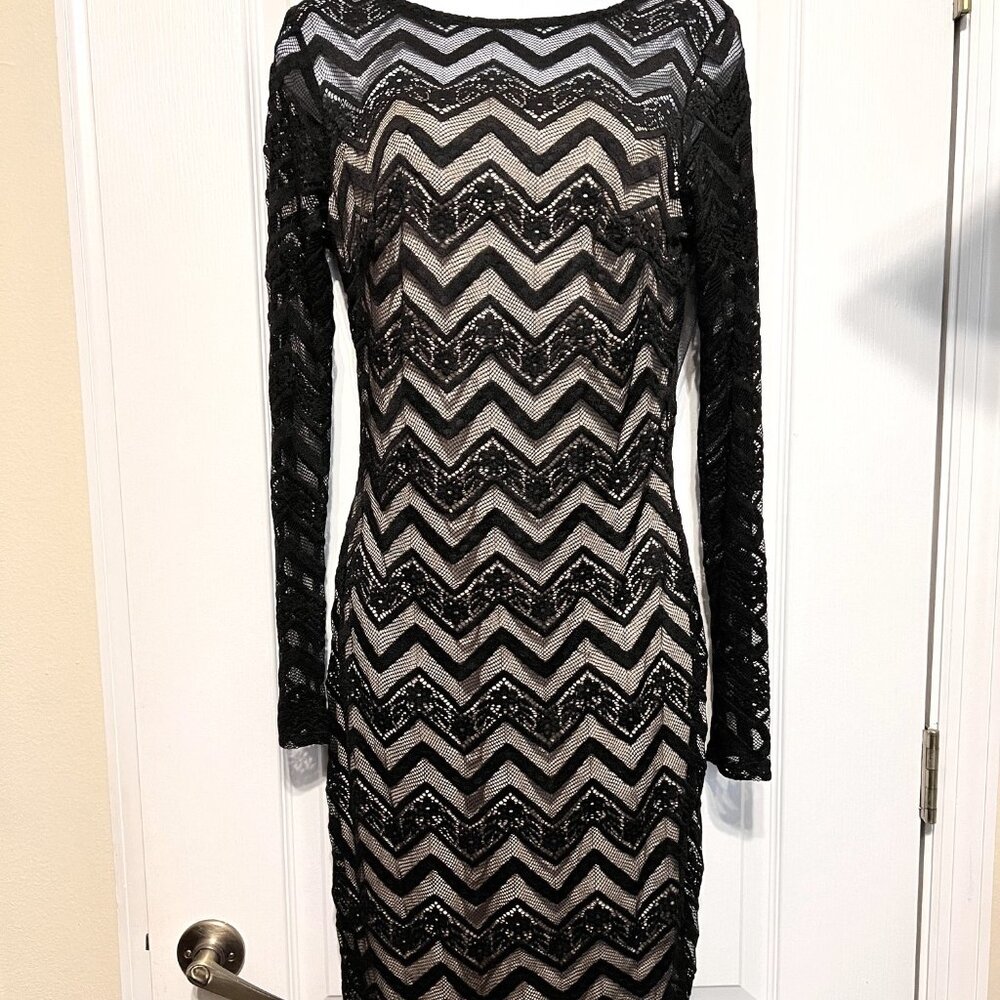 Olive Tree-Spandex Mix Mesh Sexy Dress-Long Sleeve-Lined-Size Large-Body Fit-Bla